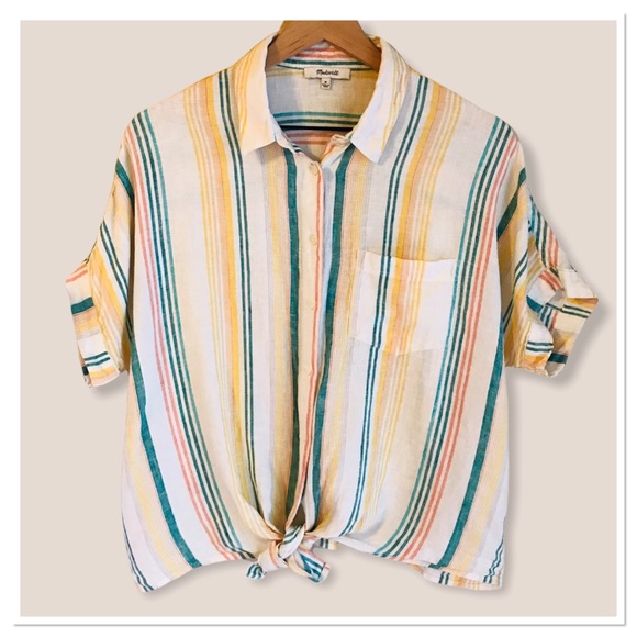 Madewell Tops - COPY - Madewell Linen Striped Button Up Shirt Tie Front Green Pink Women’s Size…